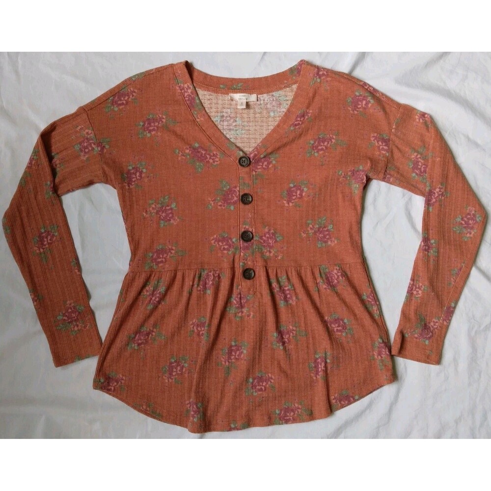 Como Vintage Henley Babydoll Top Floral Boho Peasant Festival Womens Size Small
